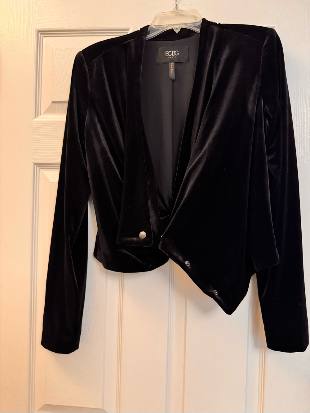 BCBG black velour jacket with snaps.  SIZE 8.